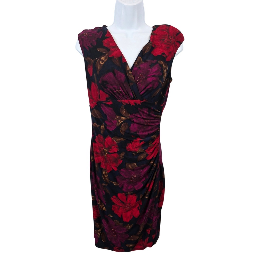 Chaps Womens Sleeveless Floral V Neck Ruched Sheath Dress Size Small S /A274